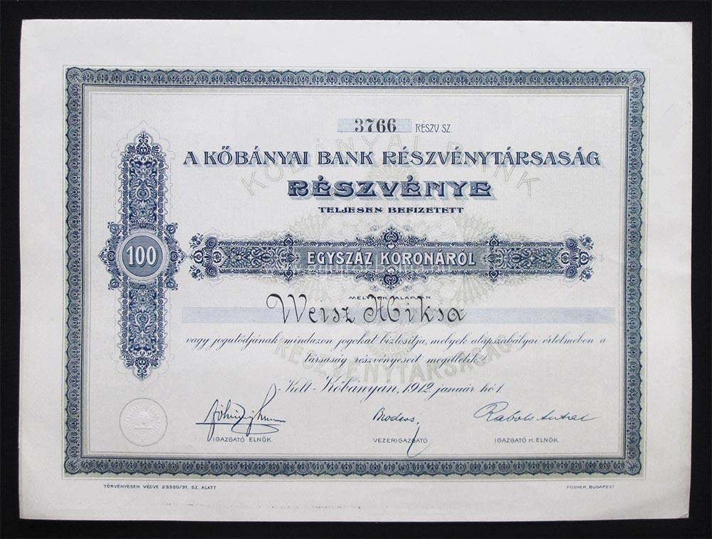 Kbnyai Bank rszvny 100 korona 1912